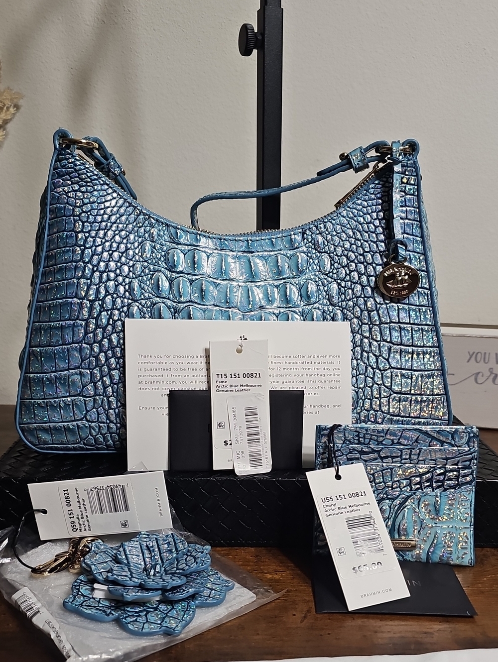 Brahmin Arctic Blue Croc-Embossed ESME Shoulder Bag with Matching Accessories